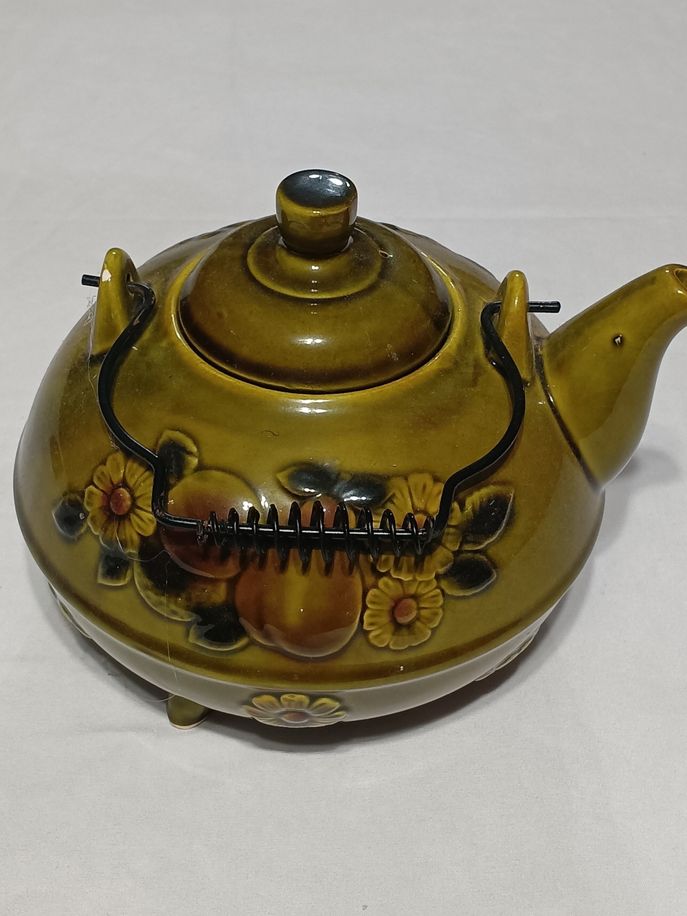 Olive Green Ceramic Floral Teapot Accent - Decorative Home Art